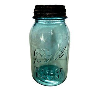 VTG  #14 Ball Blue Glass Quart Canning Mason Jar with Zinc Cover